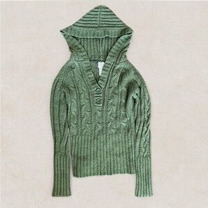 Green Cable Knit Babydoll Hooded Sweater